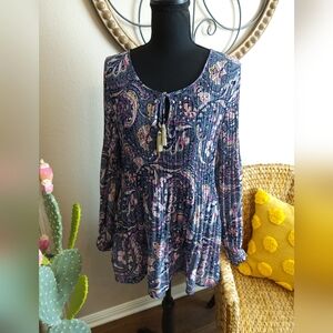 Melissa Paige Navy Paisley Long-Sleeve Peplum Tunic with Tassel Tie